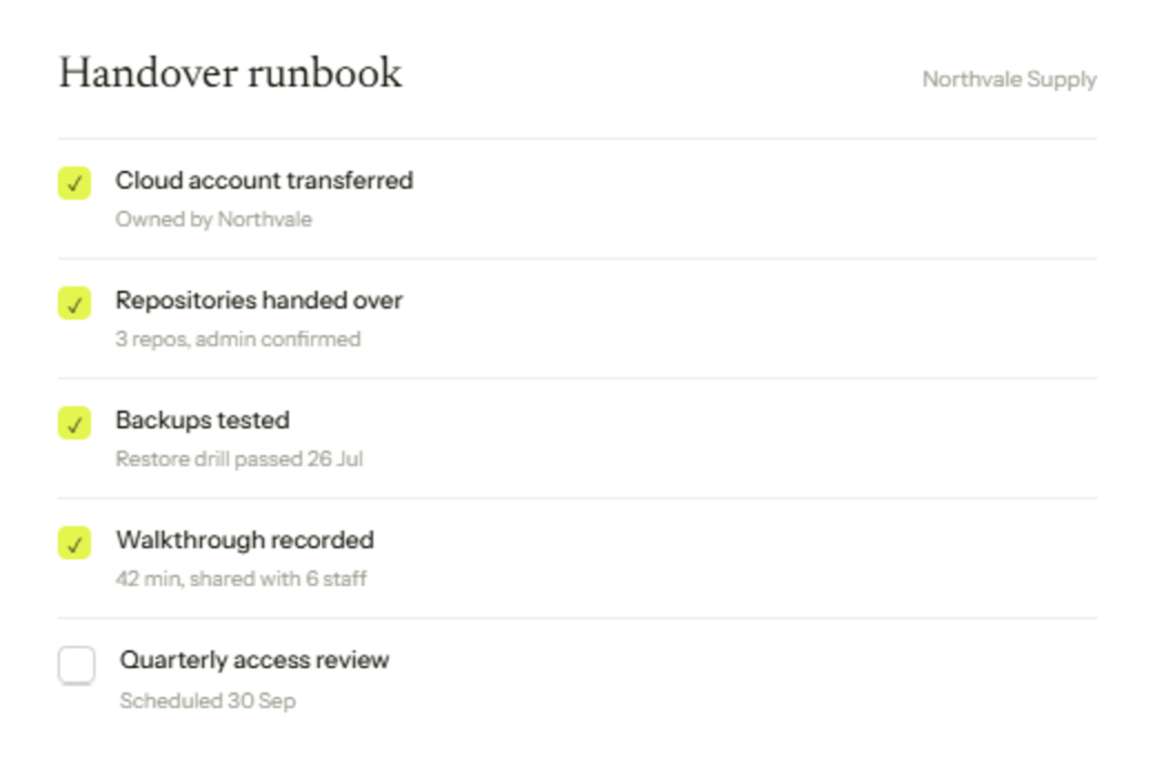 Handover runbook checklist